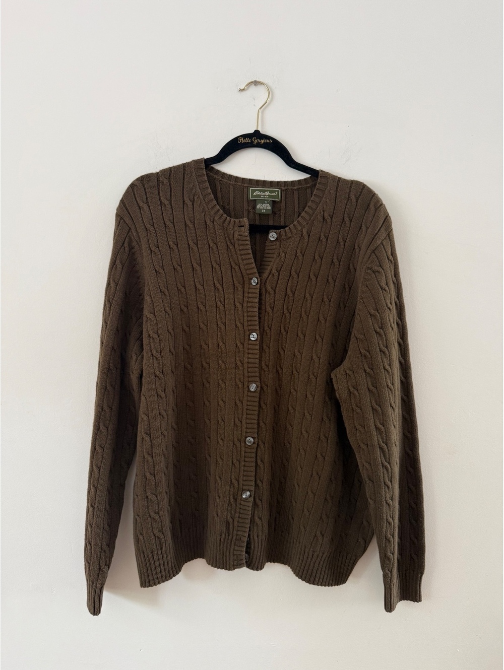 Eddie Bauer Brown Cable Knit Button Up Cardigan Crew Neck Fisherman Sweater 2XL